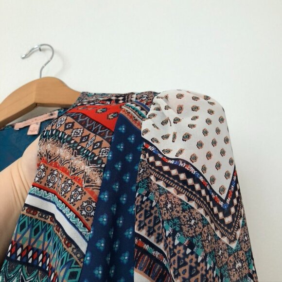 NEW NWT GIBSON LATIMER Blue Red Scarf Print Boho Peasant 3/4 Sleeve Blouse Small - Picture 5 of 6